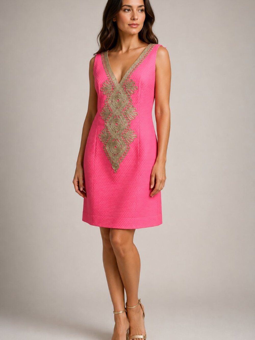 Lilly Pulitzer Pink Gold Embroidered Shift Dress Size 8
